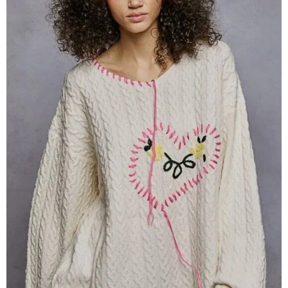 POL Sweaters - NEW POL Cream Embroidered Pink Heart Soft Sweater Oversized Size M Valentine
